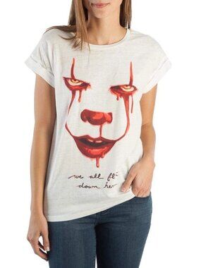 IT Movie Womens We All Float Down Here Pennywise Face White Shirt New XL